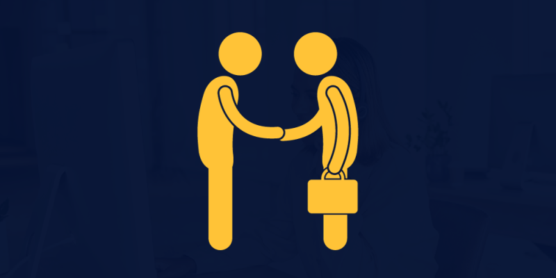 Icon of two figures shaking hands, one with a briefcase.