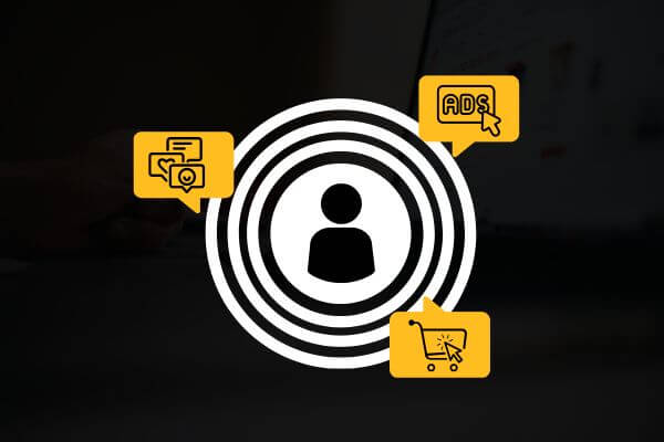 Diagram showing icons representing social media engagement, ads, and shopping cart.