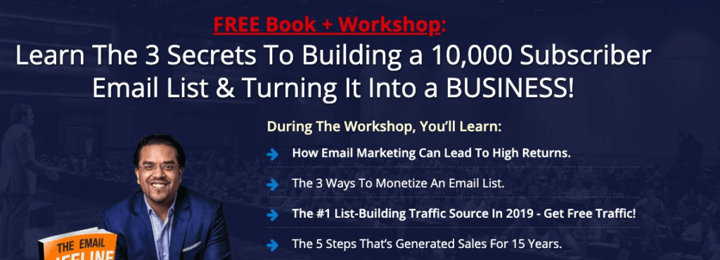 Promotional banner for free email marketing book and online workshop teaching list building and email monetization strategies.