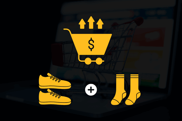 Visual of eCommerce upsell strategy featuring cart value optimization and product bundling with shoes and socks.