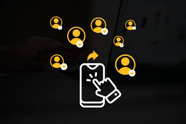 Graphic showing a hand using a smartphone to share content on social media.